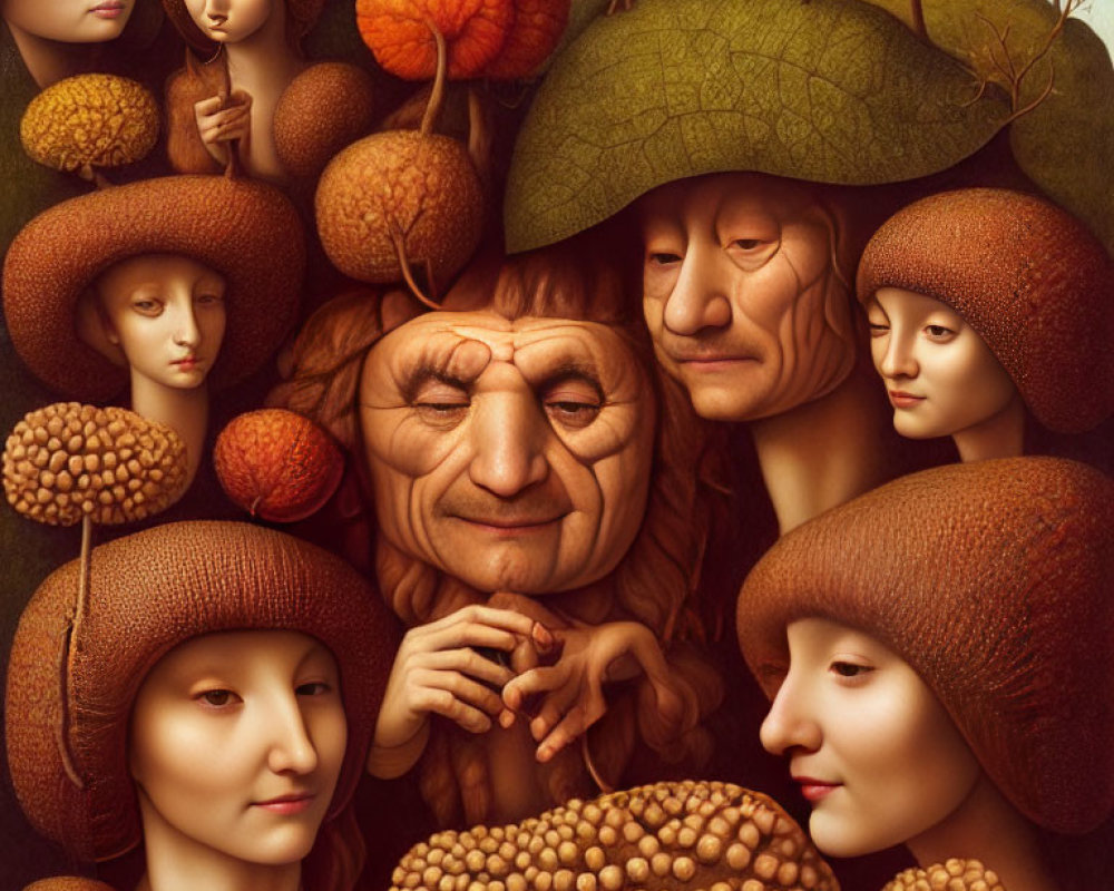 Surreal portrait with tree-like figures and autumnal caps