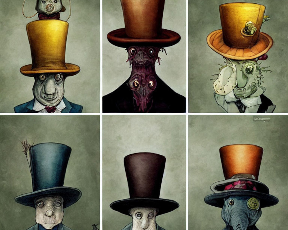 Whimsical character illustrations with oversized top hats containing animals or objects