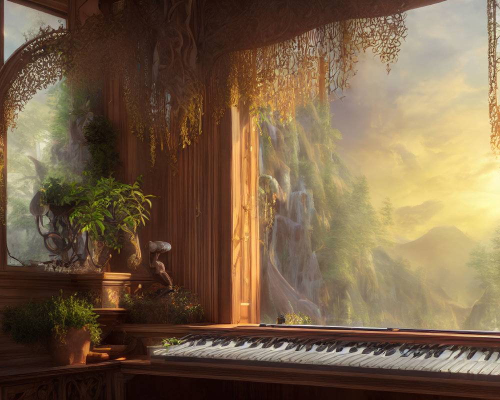 Luxurious Room with Grand Piano and Scenic View