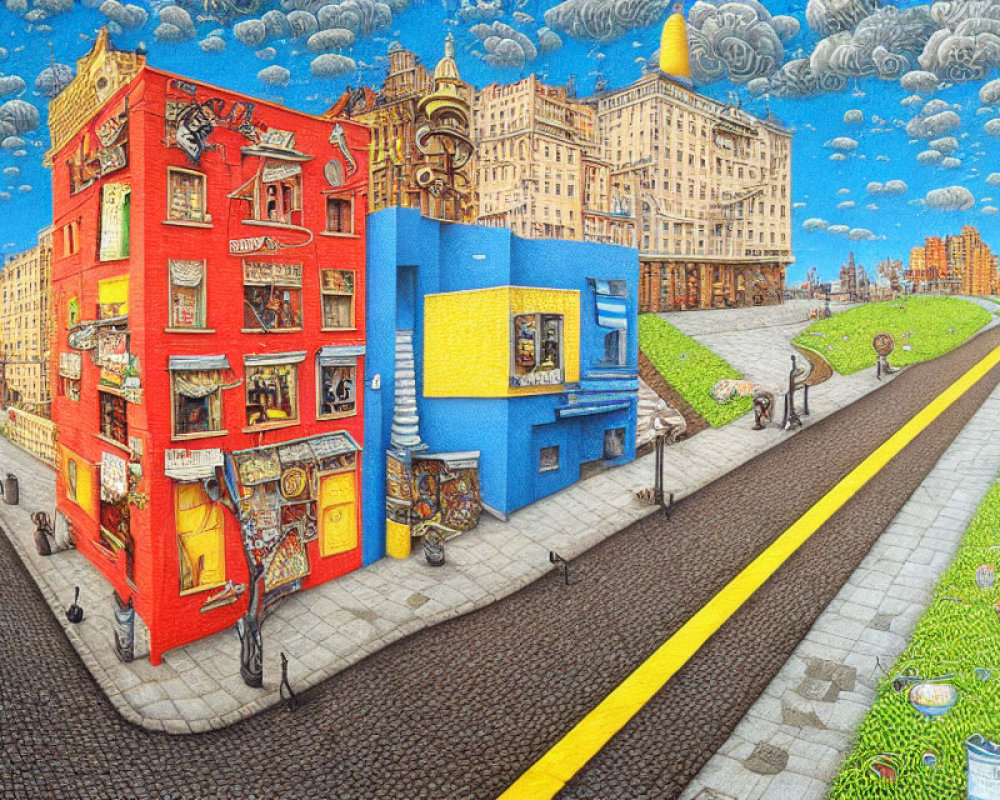 Colorful surreal street scene with distorted buildings and whimsical urban touch