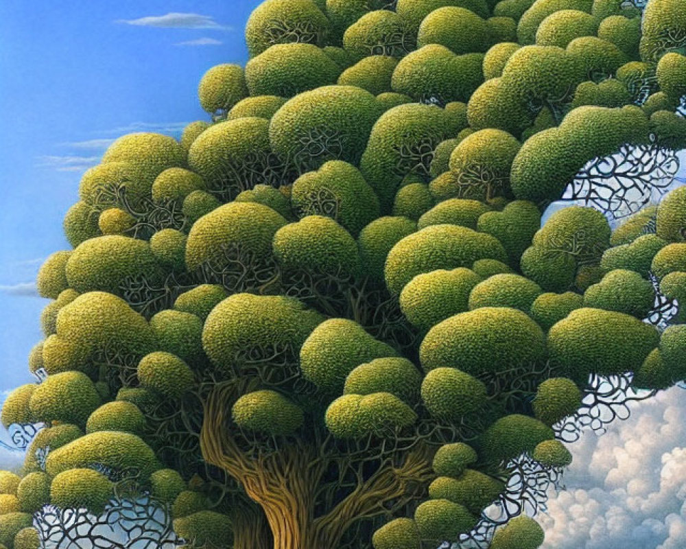 Whimsical painting of massive tree with cottage under blue sky