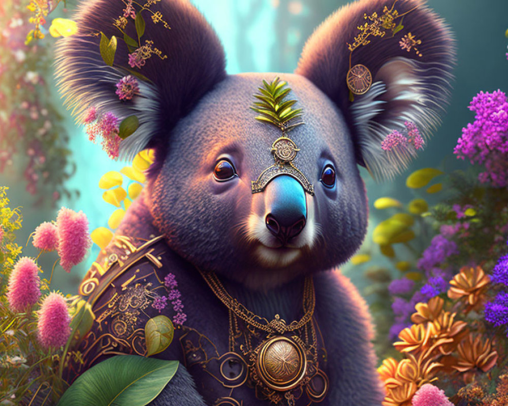 Detailed Fantasy Koala Artwork with Golden Armor & Floral Background