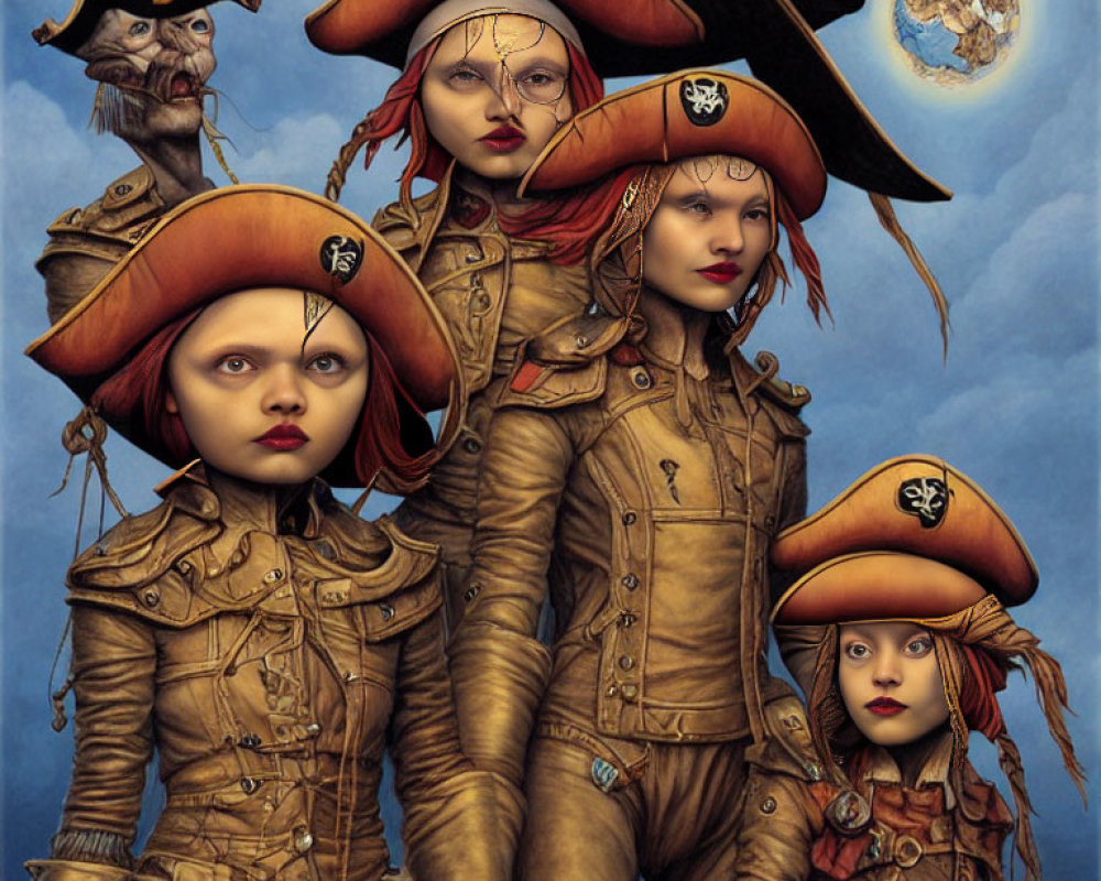 Four Stylized Female Pirates in Brown Leather Outfits and Tricorn Hats