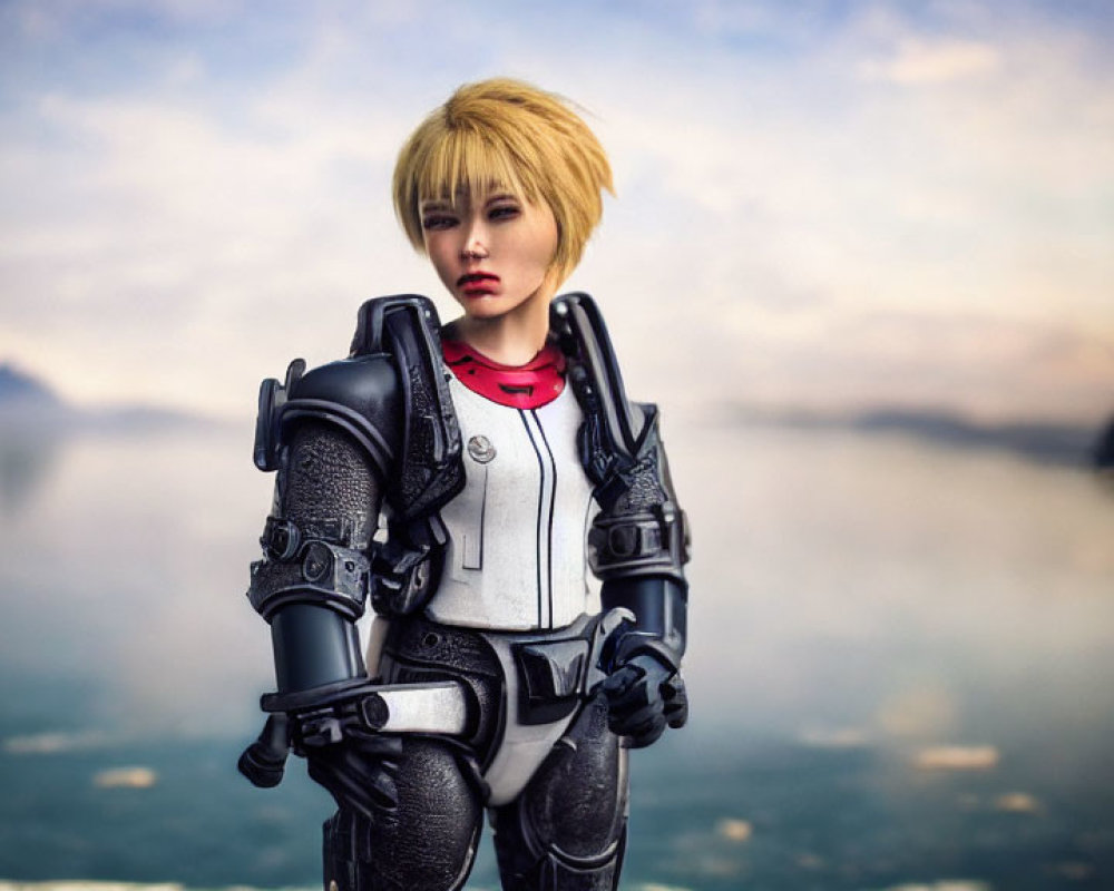 Blonde Female Warrior Figurine in Futuristic Armor Against Mountainous Backdrop