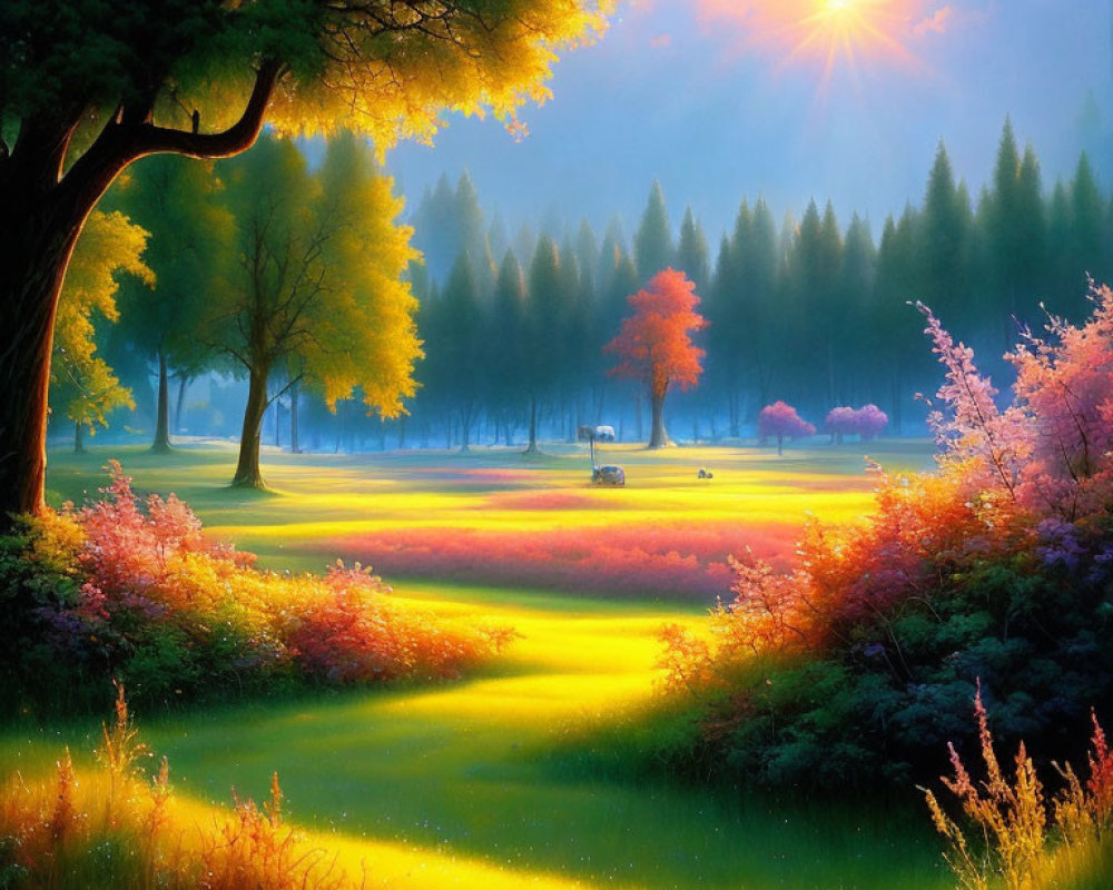 Colorful landscape with sun rays, flowers, trees, and autumn bench