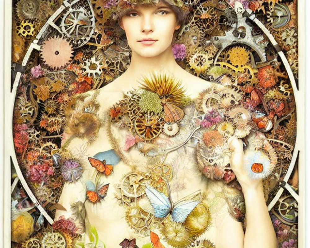 Surreal portrait of woman with floral headwear and intricate backdrop