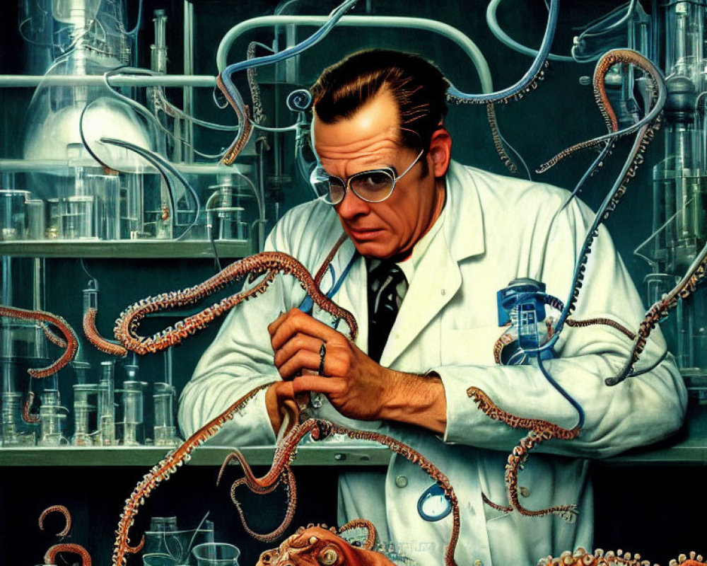 Scientist in lab coat with octopus tentacles and curious octopus face.