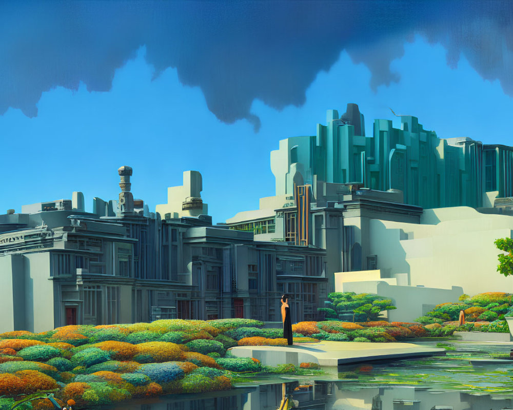 Futuristic cityscape with gardens, water features, and stylized buildings