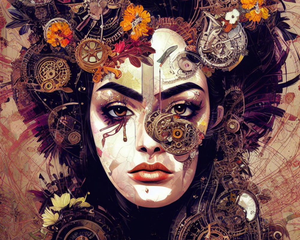 Stylized portrait of a woman with flowers, gears, and mechanical parts