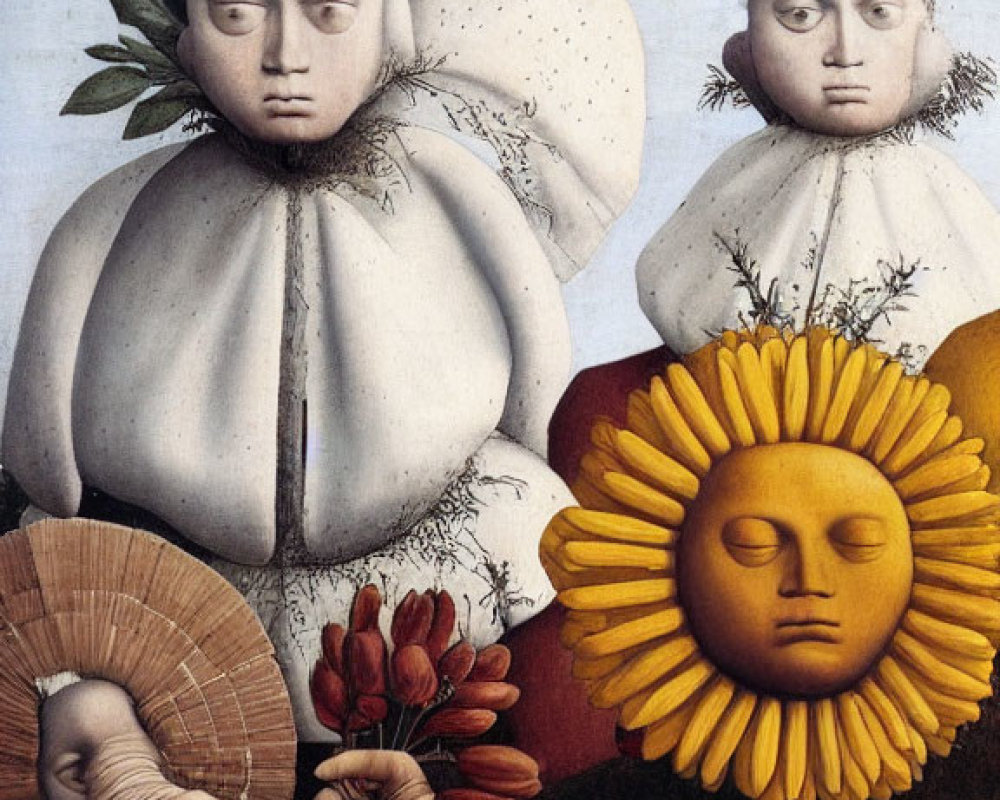 Surreal painting of three figures with floral heads and plants against clear sky