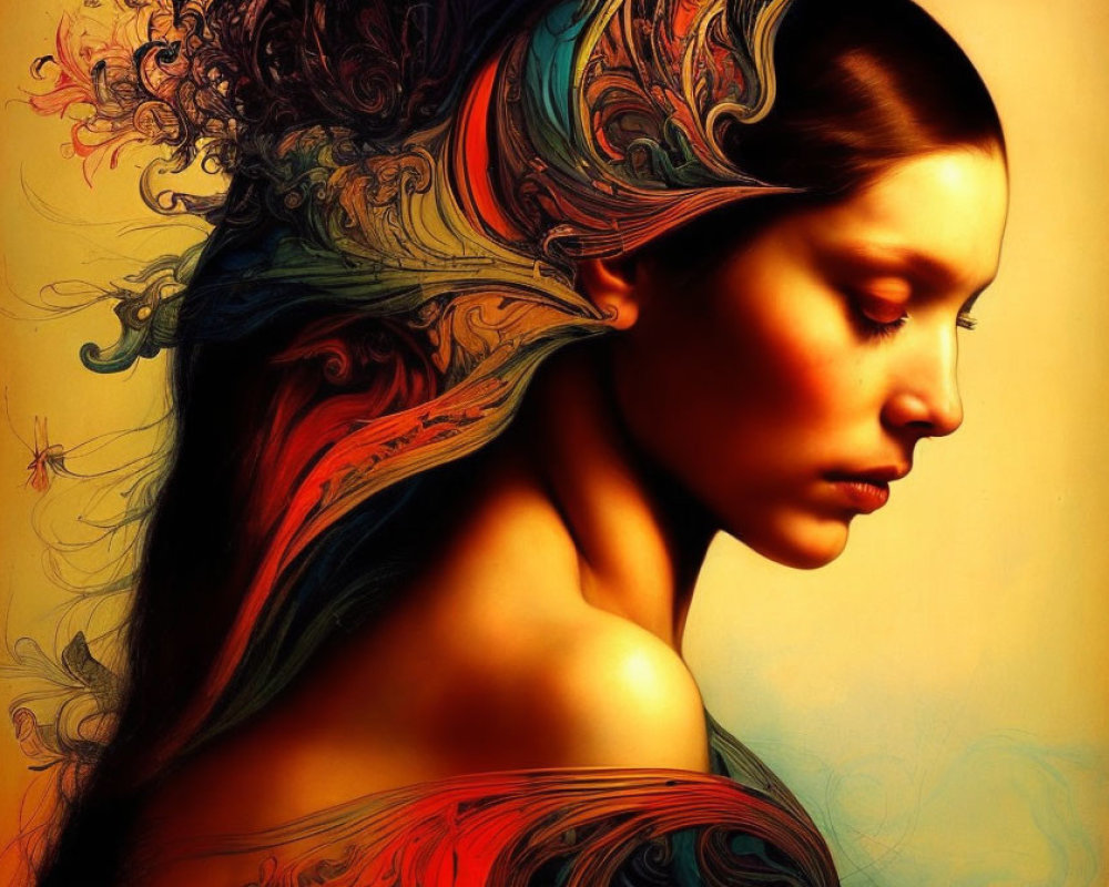 Profile view of woman with vibrant flowing hair in warm colors and swirling patterns