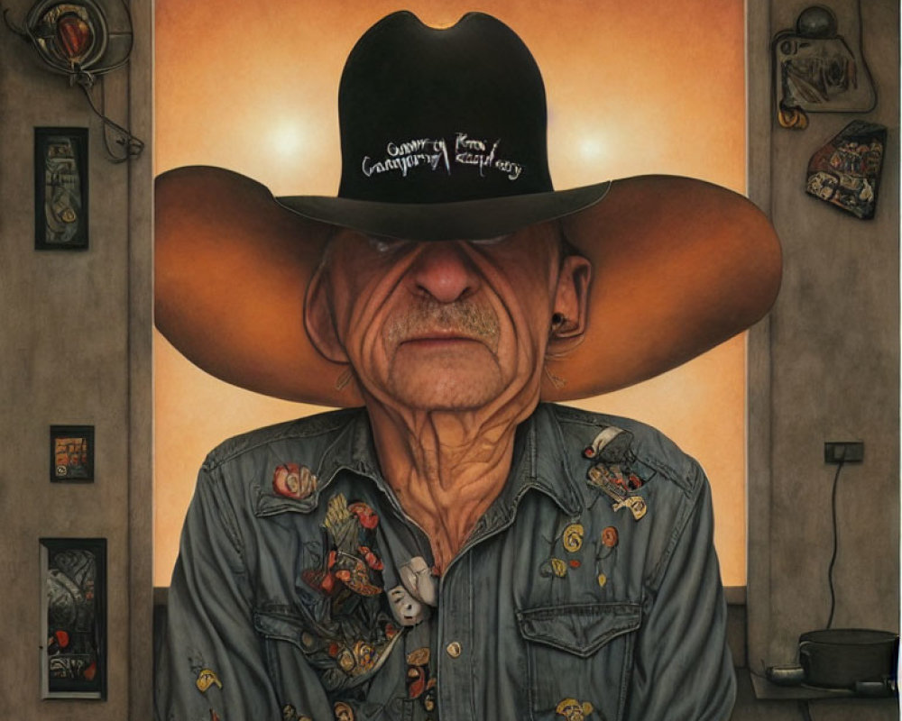 Illustration of man in oversized cowboy hat with shadow, Western-themed shirt, in decorated room