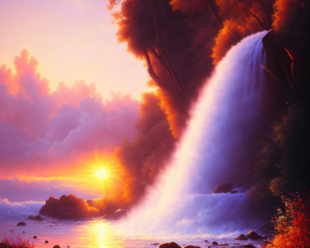 Scenic painting: Waterfall at sunset with orange and purple hues