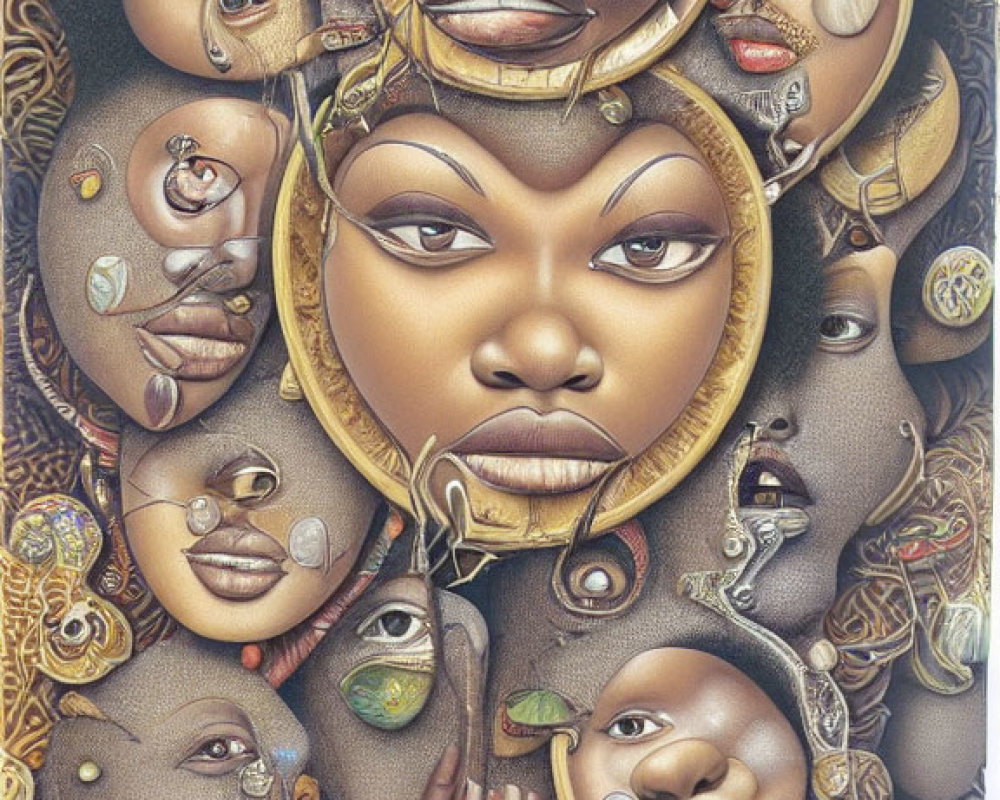 Surreal artwork featuring central and smaller faces with intricate patterns in golden-brown palette