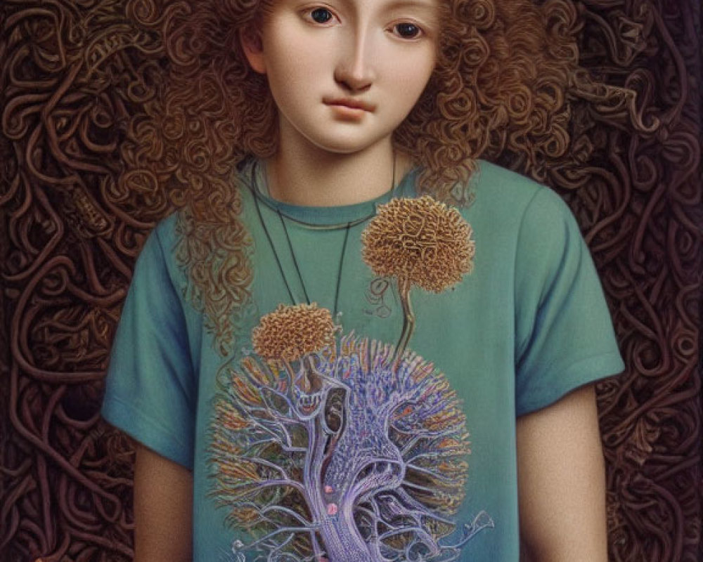 Curly-Haired Woman in Tree T-Shirt with Swirling Background