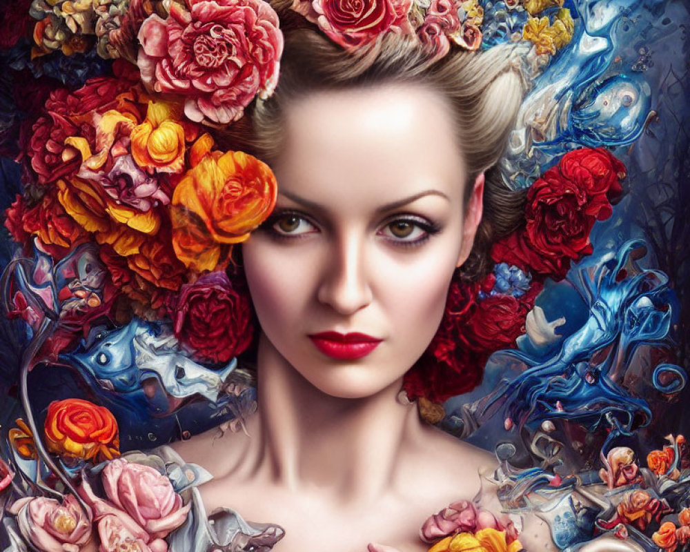 Colorful digital artwork: Woman with floral hair in surreal style