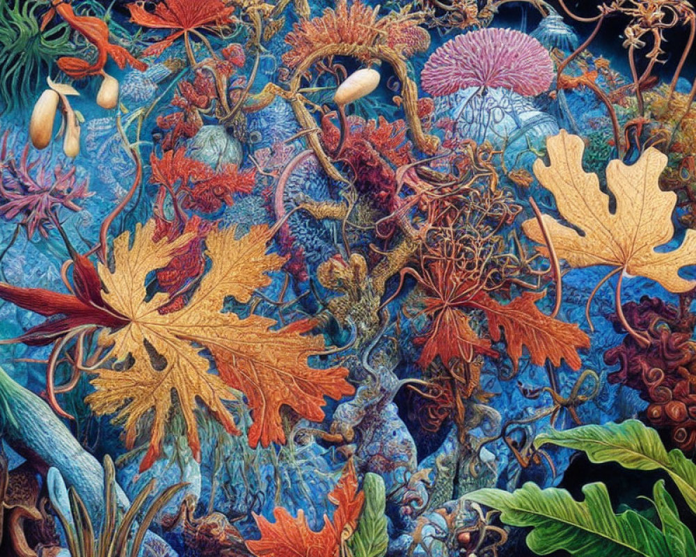 Detailed Marine Life Tapestry Illustration with Colorful Corals & Seaweed