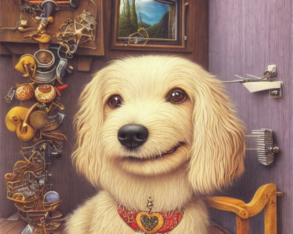 Cream-Colored Dog with Heart Pendant in Quirky Room Scene