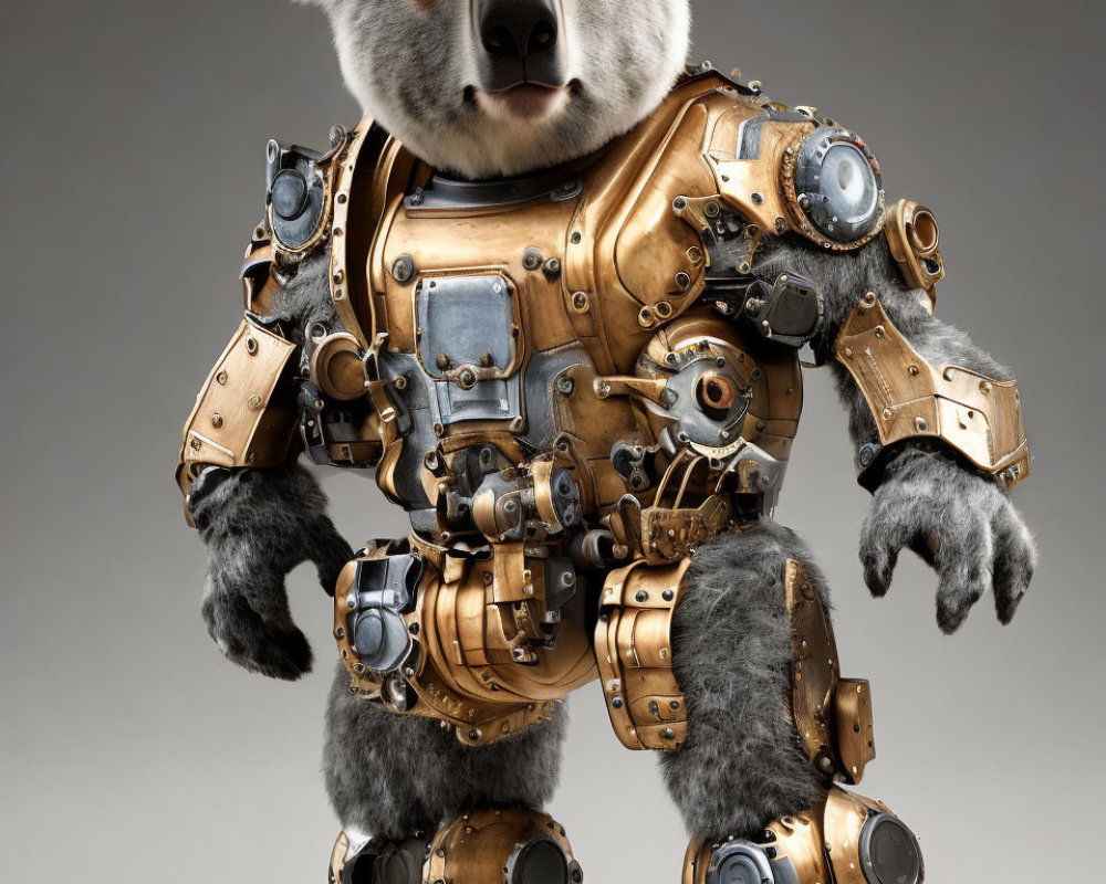 Koala in humanoid robotic exoskeleton on gray backdrop