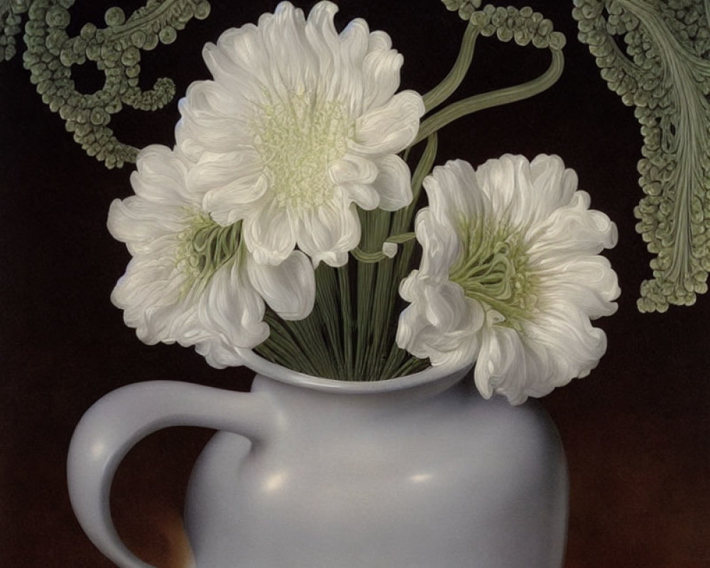 Still Life Painting: White Chrysanthemums in Blue Vase