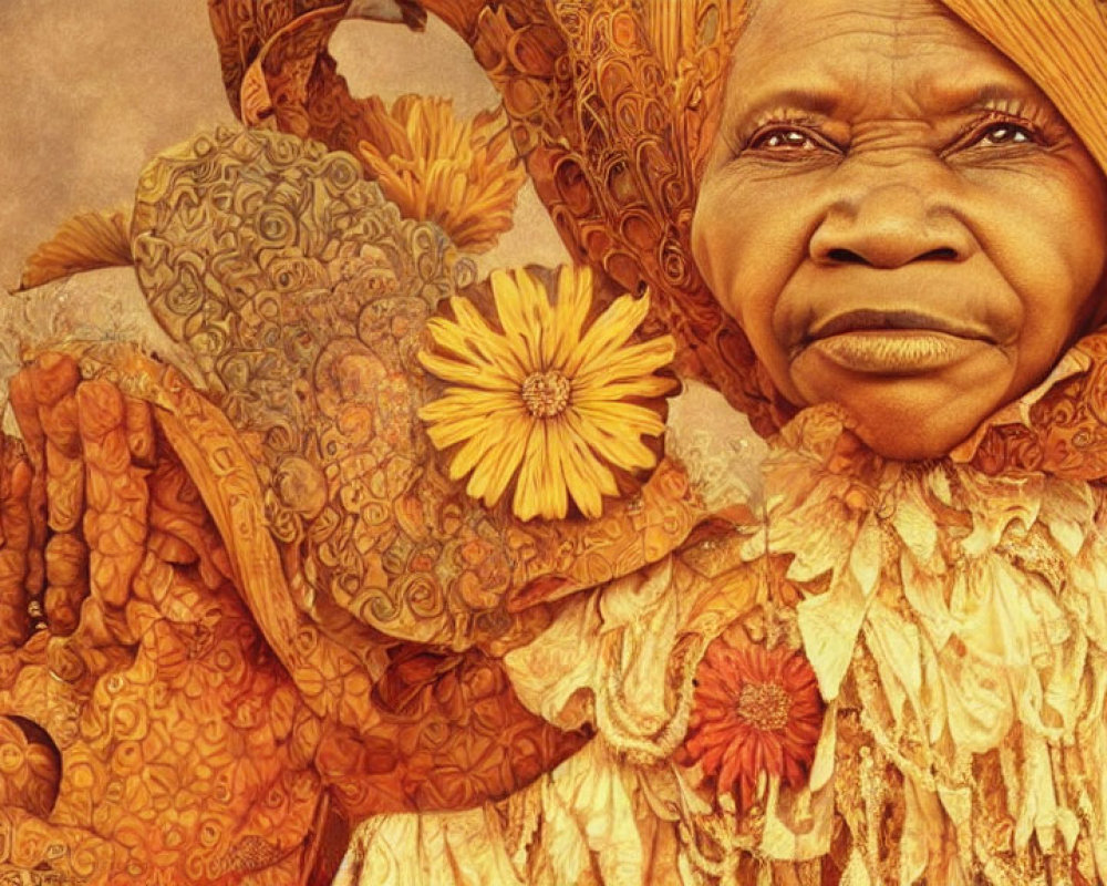 Elderly person in textured orange attire holding a sunflower with intricate patterns