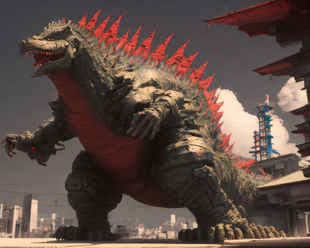 Giant Godzilla with red spines in cityscape under cloudy sky