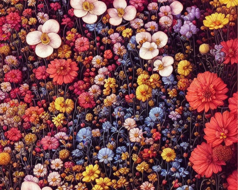 Colorful Floral Tapestry of Intricate Illustrated Flowers