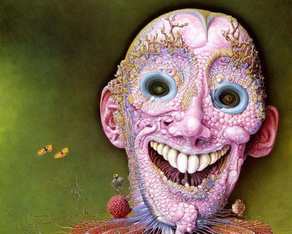 Vibrant surreal painting of smiling humanoid face with golden creatures