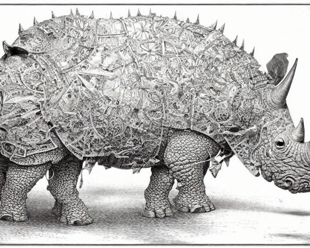 Detailed illustration of rhinoceros with ornate patterned body, resembling intricate armor or carv