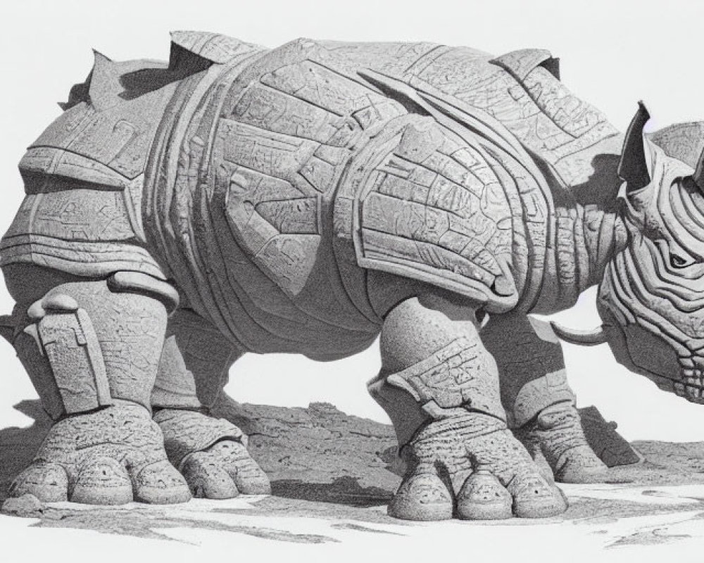 Detailed drawing of mechanical rhinoceros with segmented armor plating on textured ground.