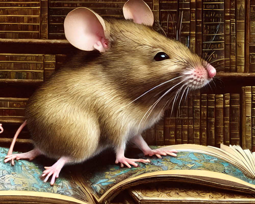 Detailed Illustration: Mouse on Open Book with Vintage Bookshelf Backdrop