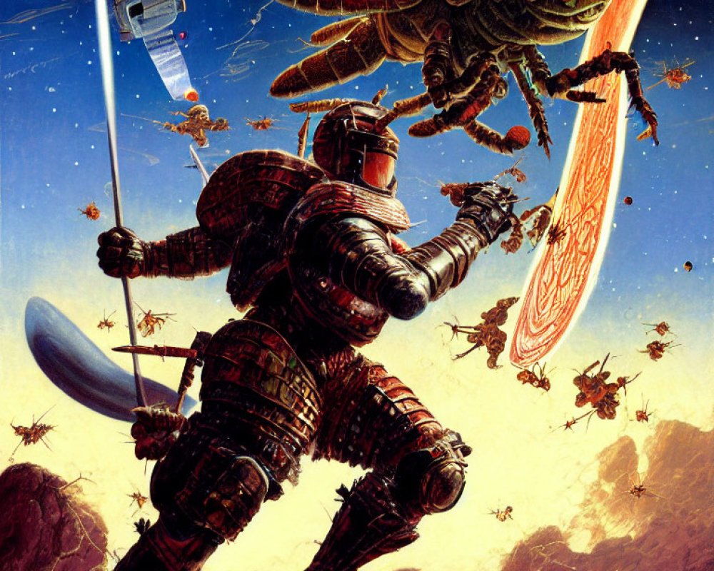 Samurai astronaut battles giant alien insects on rocky alien terrain