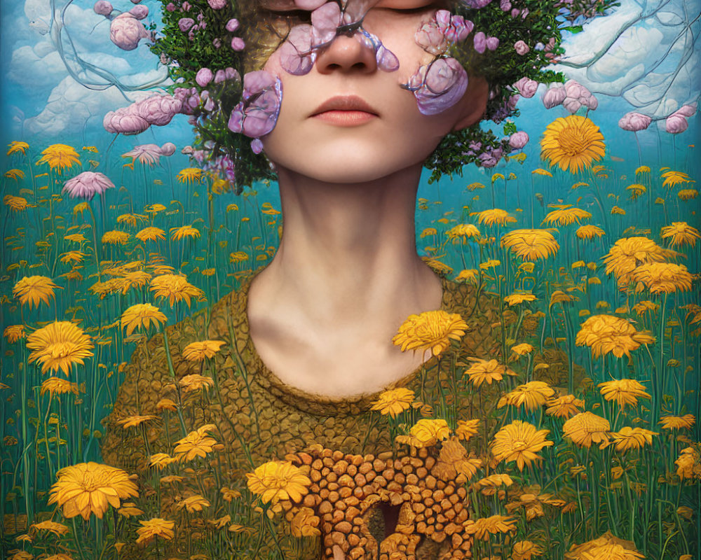 Surreal portrait featuring person with floral headpiece and beehive dress among yellow daisies