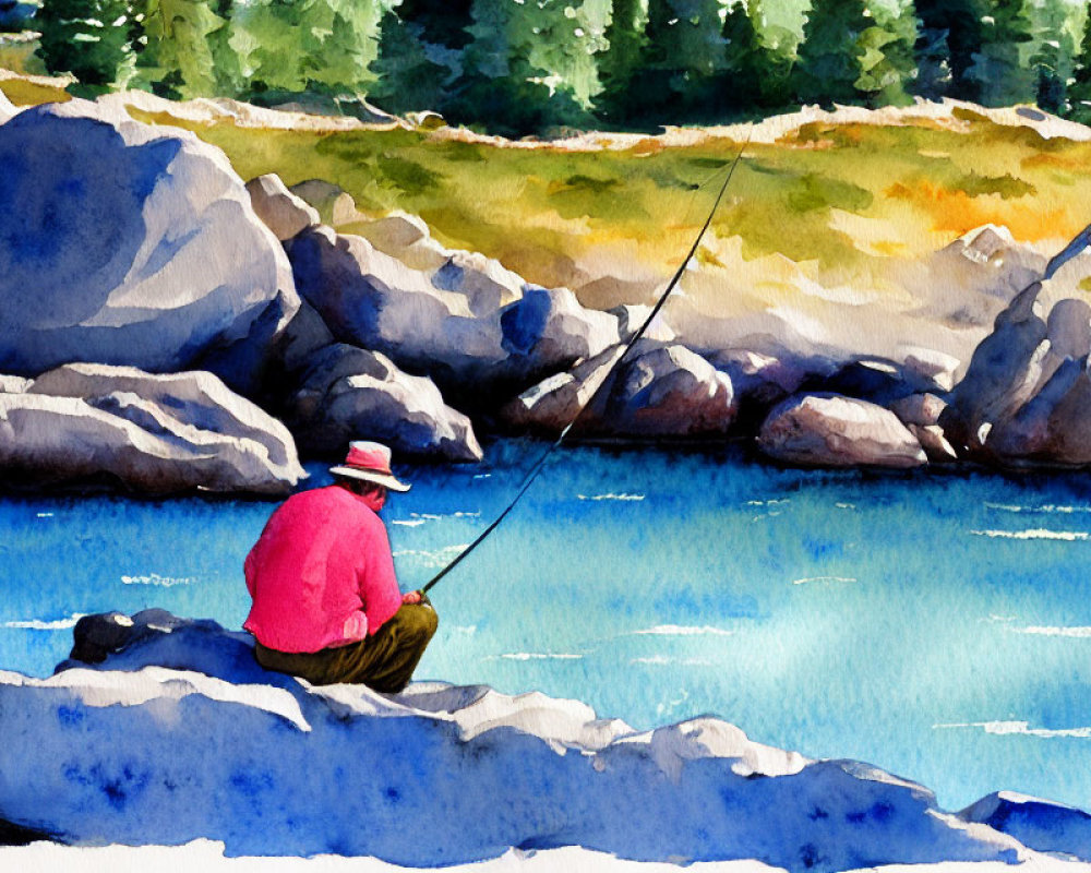 Tranquil watercolor landscape: person fishing by blue lake