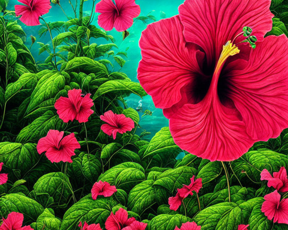 Colorful Hibiscus Flowers Against Blue Sky and Green Foliage