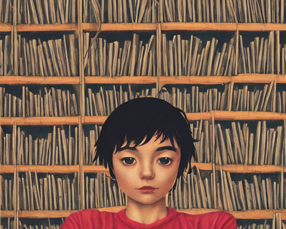 Dark-Haired Youth Reading Red Book by Bookshelf