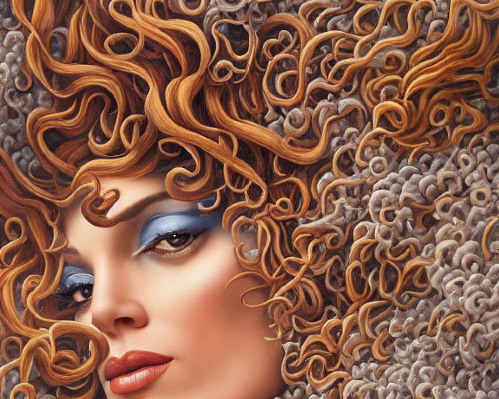 Detailed Illustration: Woman with Voluminous Auburn Hair & Blue Eyeshadow