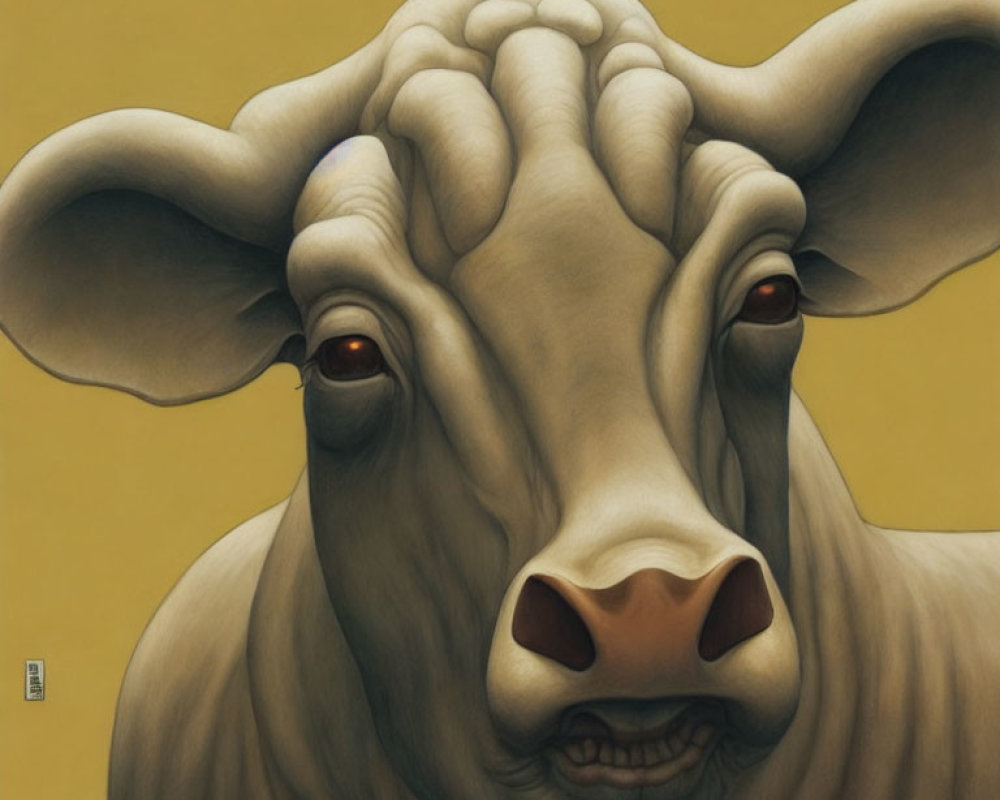 Detailed cow illustration with hand on head on yellow background