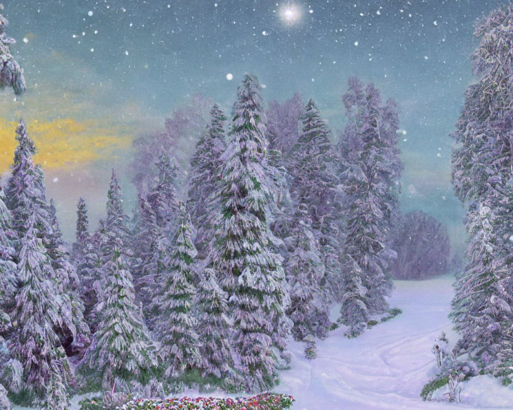 Snow-covered pine trees under starry sky in tranquil winter dusk forest scene