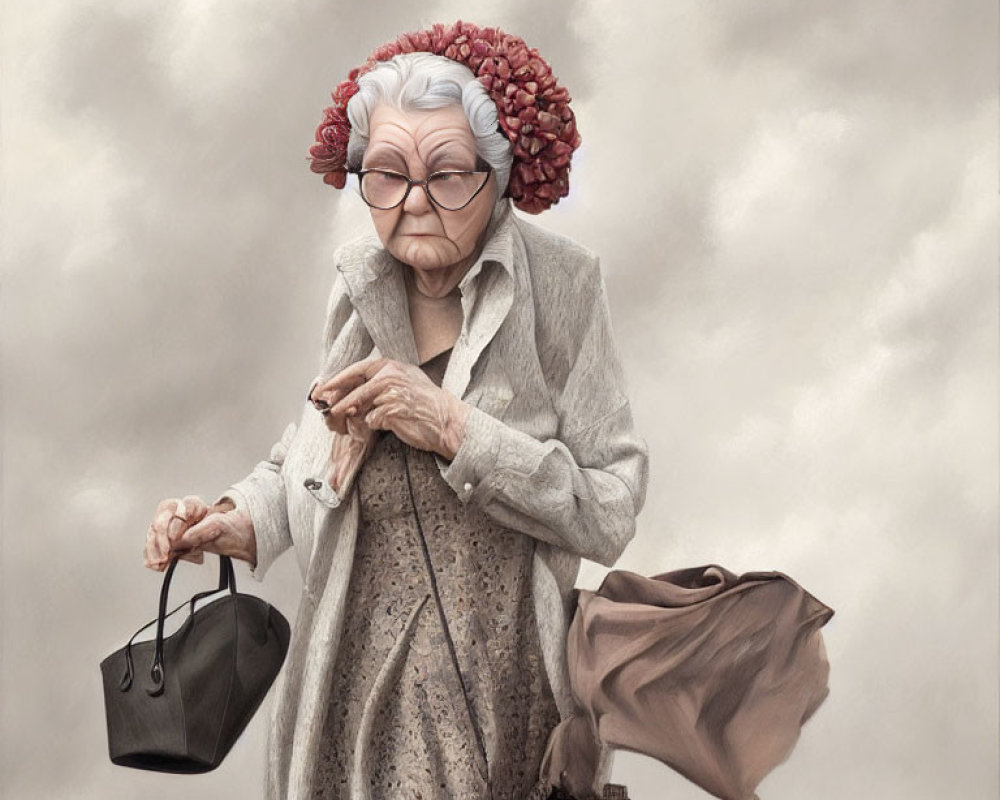 Elderly woman in glasses and headscarf with handbag and coat.