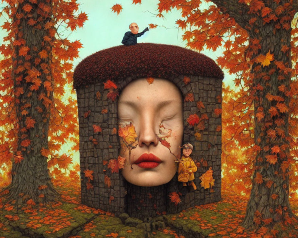 Surreal stone head illustration with autumn leaves and figures