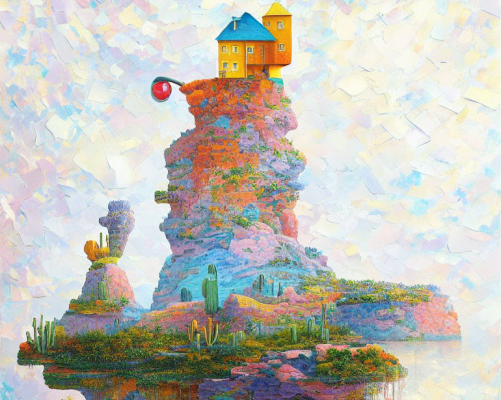 Colorful painting of flowering rock pillar with yellow house and red balloon under mosaic sky