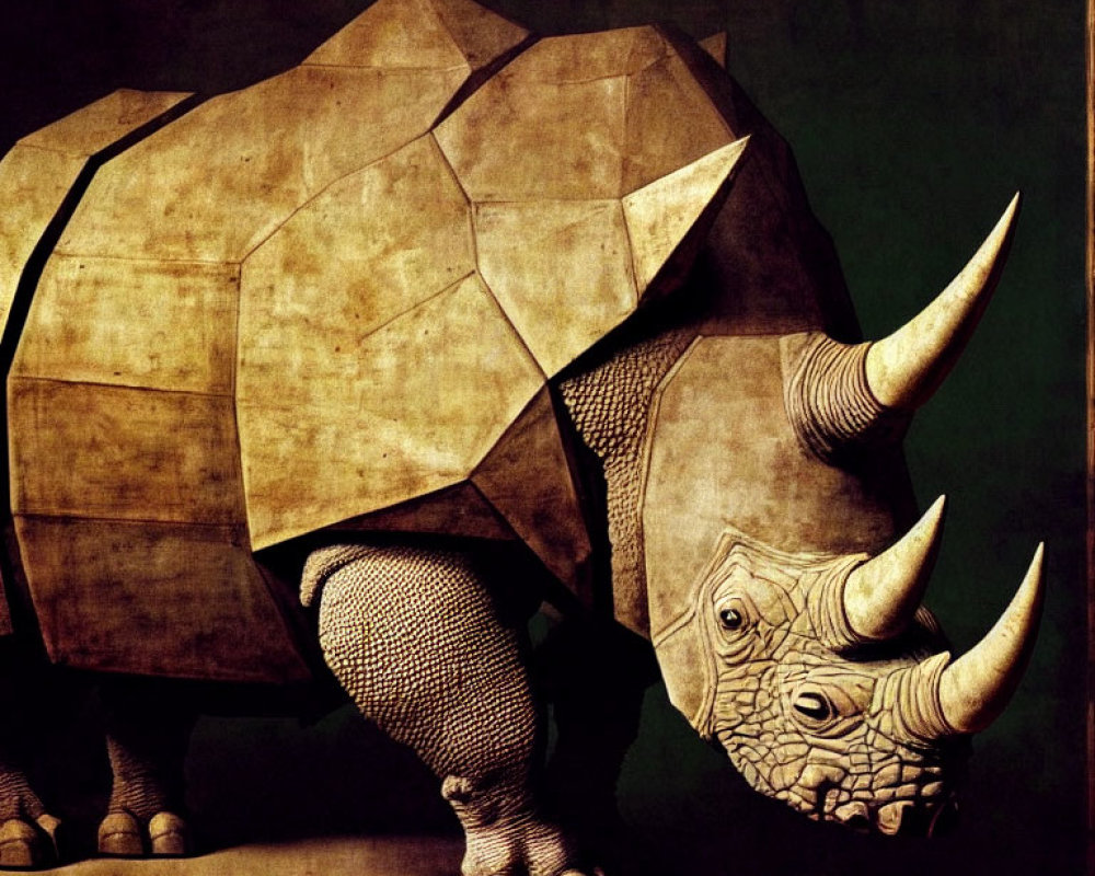 Angular armored rhinoceros on vintage-style background