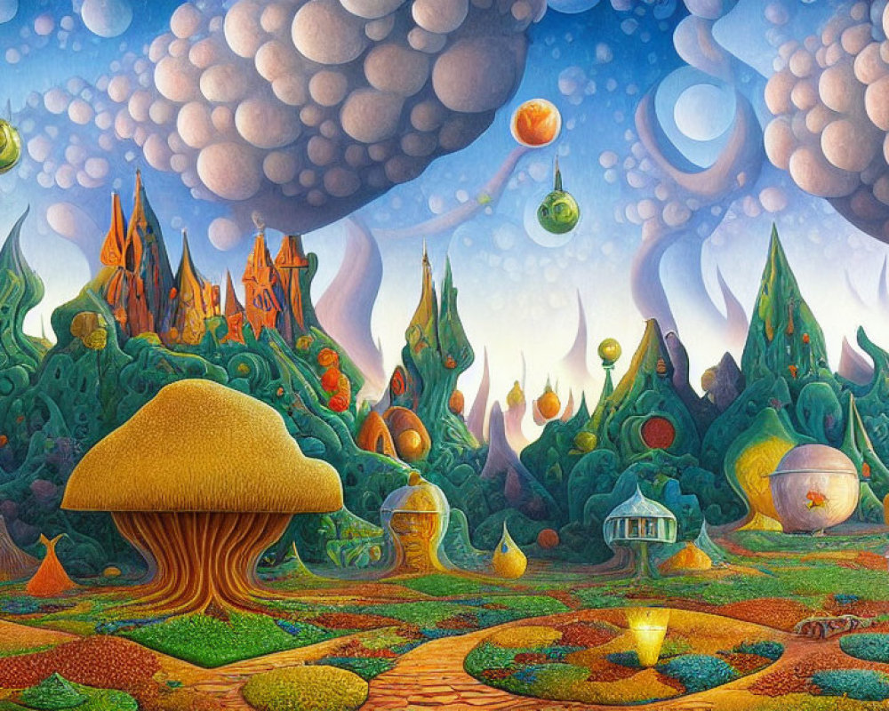 Whimsical landscape with large mushroom and fantastical structures