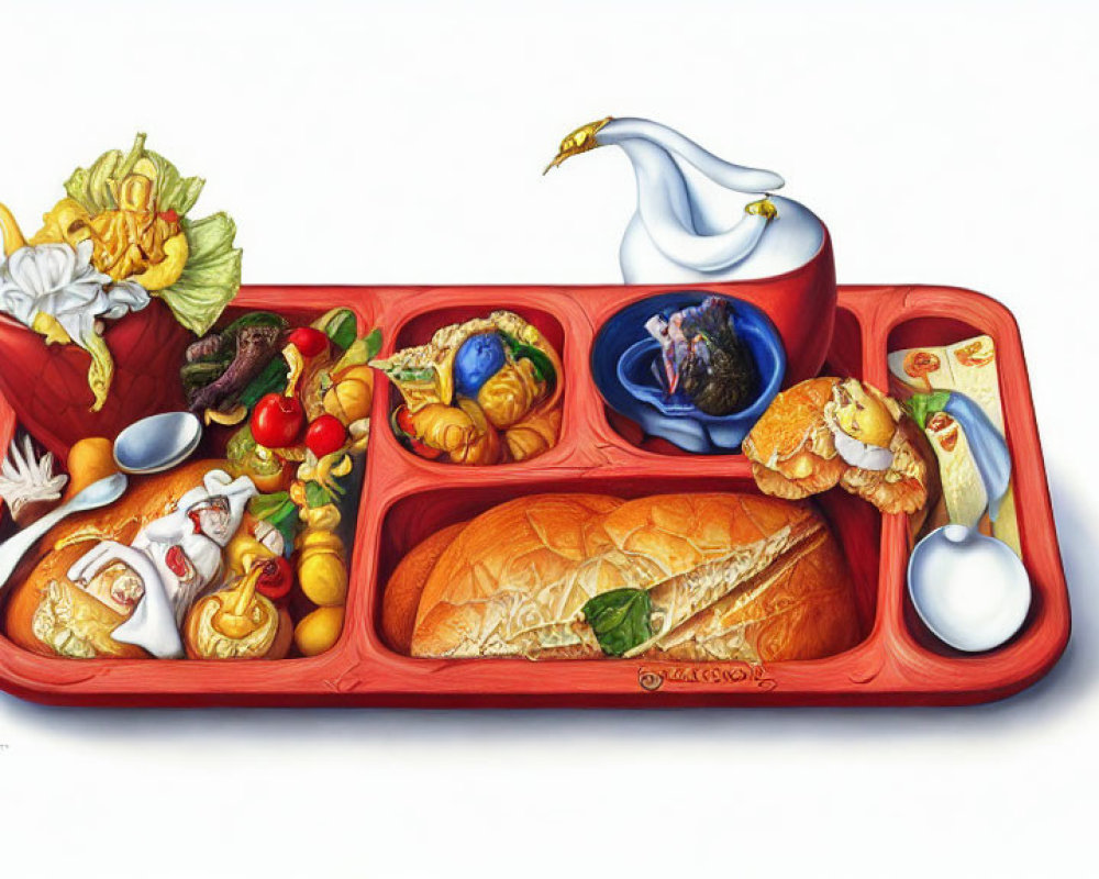 Colorful School Lunch Tray Painting with Sandwich, Salad, Fruit, and Milk