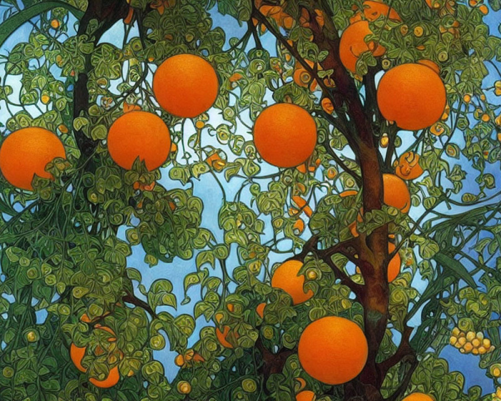 Vibrant orange fruit on intertwining branches with green leaves in stylized artwork