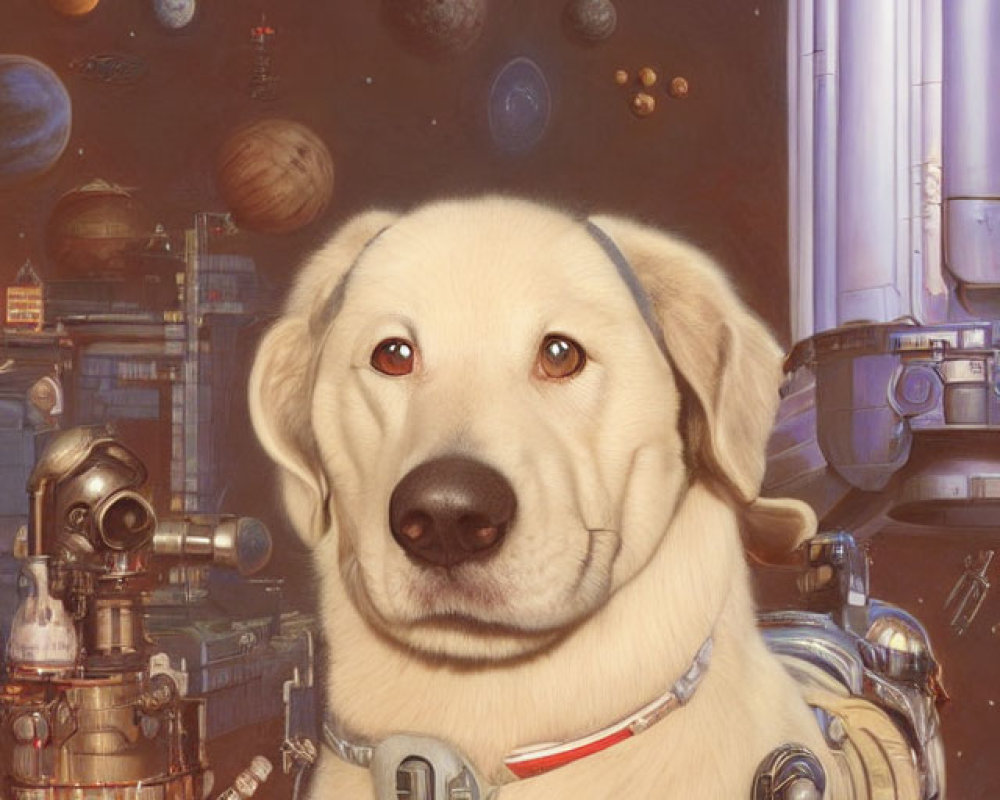 Astronaut dog in futuristic space city scene