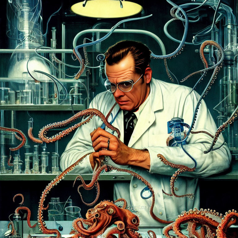 Scientist in lab coat with octopus tentacles and curious octopus face.