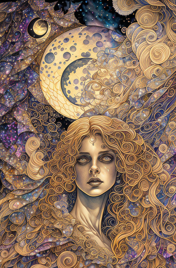 Intricate golden hair portrait with cosmic background