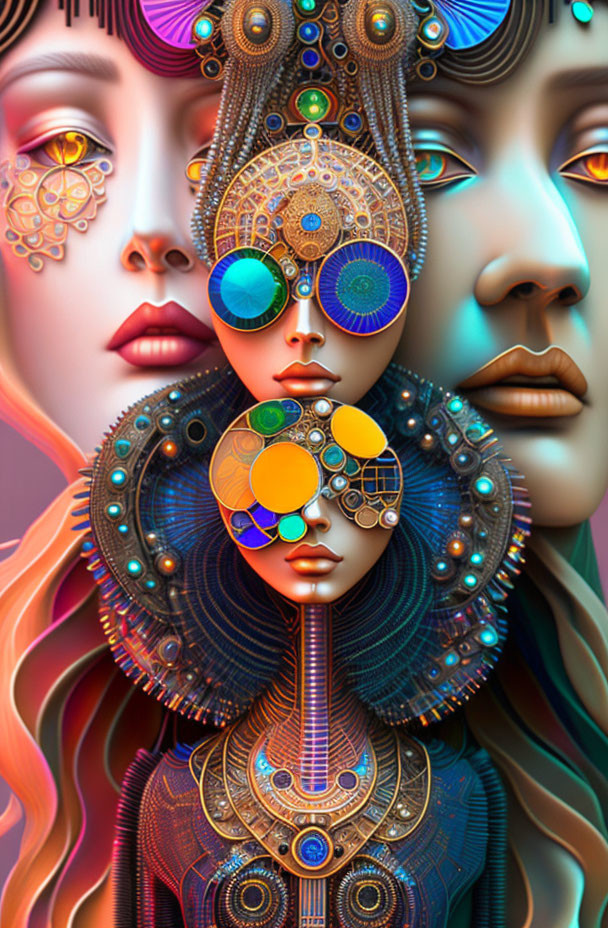 Colorful digital artwork: Three stylized female figures with intricate mechanical adornments.